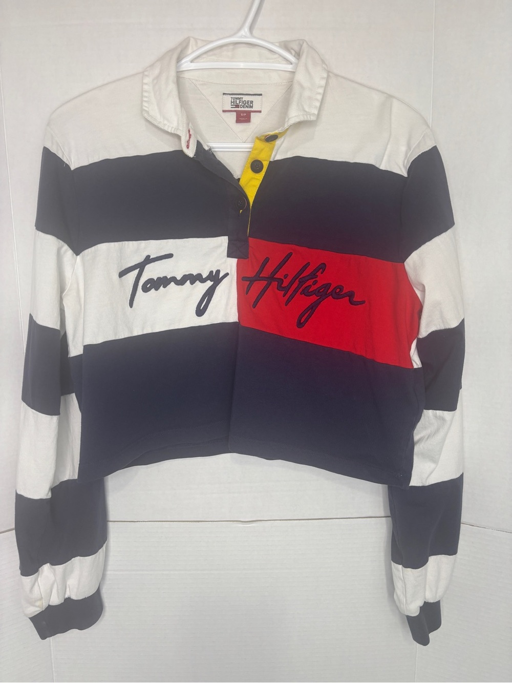 Tommy Hilfiger Cropped Rugby Stripe Polo Quarter Button Long Sleeve Shirt